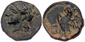CARIA, Halikarnassos. ( Bronze. 1.57 g. 12 mm) . Circa 2nd - 1st Century BC. 
Laureate head of Apollo left.
Rev: Eagle standing left with open wings; ...