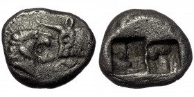 LYDIAN KINGDOM.( Silver. 5.08 g. 16 mm) Croesus or later (ca. after 561 BC). AR half-stater or siglos Sardes mint. 
Confronted foreparts of lion facin...
