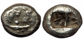 LYDIAN KINGDOM.( Silver.5.29 g. 16 mm) Croesus or later (ca. after 561 BC). AR half-stater or siglos Sardes mint. 
Confronted foreparts of lion facing...