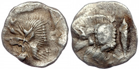 MYSIA, ( Silver. 0.37 g. 10 mm) Kyzikos AR Hemiobol, ca 525-475 BC.
Forepart of boar left with pelleted truncation; tunny fish upward behind
Rev: Head...