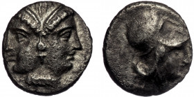 MYSIA. Lampsakos. ( Silver. 1.12 g. 10 mm) Obol (Circa 390-330 BC).
Janiform female head.
Rev: Helmeted head of Athena right.
SNG France 1176-8.