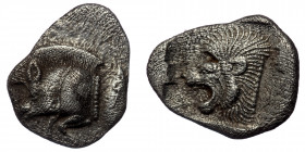 MYSIA. Kyzikos. ( Silver. 0.85 g. 11 mm) Circa 450-400 BC. Obol
Forepart of a boar to left; to right, tunny upward.
Rev. Head of a lion to left; all w...