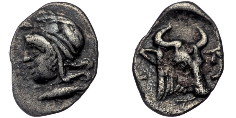 Mysia, Kyzikos ( Silver. 0.35 g. 7 mm) Hemiobol. Circa 450-400 BC.
Head of Attis...