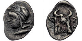 Mysia, Kyzikos ( Silver. 0.35 g. 7 mm) Hemiobol. Circa 450-400 BC.
Head of Attis to left, wearing Phrygian cap; below, tunny fish to left.
Rev: Head a...