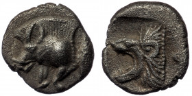 MYSIA, Kyzikos. ( Silver. 0.43 g. 8 mm) Circa 450-400 BC. AR Hemiobol 
Forepart of boar left; to right, tunny upward.
Rev: Head of roaring lion left; ...