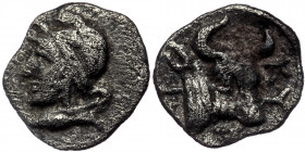 Mysia, Kyzikos( Silver. 0.34 g. 9 mm) Hemiobol. Circa 450-400 BC. 
Head of Attis to left, wearing Phrygian cap; below, tunny fish to left.
Rev: Head a...