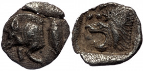 MYSIA, Kyzikos. ( Silver. 0.35 g. 9 mm) Circa 450-400 BC. AR Hemiobol 
Forepart of boar left; to right, tunny upward.
Rev: Head of roaring lion left; ...