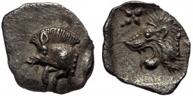 MYSIA, Kyzikos. ( Silver 0.36 g. 12 mm) Circa 450-400 BC. AR Hemiobol 
Forepart of boar left; to right, tunny upward.
Rev: Head of roaring lion left; ...