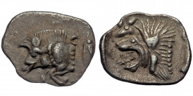MYSIA, Kyzikos. ( Silver. 0.41 g. 9 mm) Circa 450-400 BC. AR Hemiobol 
Forepart of boar left; to right, tunny upward.
Rev: Head of roaring lion left; ...