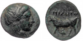 Mysia, Miletopolis, ( Bronze. 1.76 g. 12 mm) 4th century BC. AE 
Laureate head of Apollo right.
Rev: Bull advancing left. owl below.
SNG von Aulock 74...