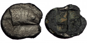 MYSIA. Kyzikos. ( silver. 0.49 g. 9 mm) Circa 600-550 BC. Obol 
 Head of a tunny fish to right. 
Rev. Quadripartite incuse square.