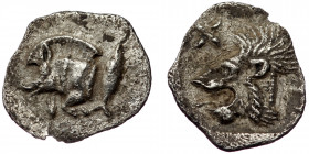 MYSIA. ( Silver. 0.34 g. 11 mm) Kyzikos. Circa 450-400 BC. obol
Forepart of boar to left;
Rev. Head of lion to left within incuse square.
Klein 264. S...