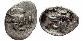 MYSIA,( Silver. 0.40 gr. 12 mm) Kyzikos. Circa 450-400 BC. AR Hemiobol.
Forepart of boar left, tunny upward.
Head of lion left; all within incuse squa...