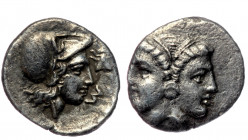 MYSIA (silver. 0,95 gr, 12mm) Lampsakos AR diobol, 4th-3rd century BC
Janiform female head
Rev: Helmeted head of Athena right; bee to right.
SNG Franc...