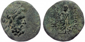 PHRYGIA. Akmoneia. ( Bronze. 3.20 g. 18 mm) Ae (1st century BC). Menodotos and Silion, magistrates.
Laureate head of Zeus right.
Rev: AKMONE / MHNOΔO ...