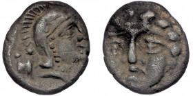 Pisidia. Selge ( Silver.0.95 g. 9 mm) circa 250-190 BC. Obol AR 
Facing gorgoneion.
Rev: Helmeted head of Athena right; astragalos to left.
SNG Ashmol...