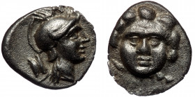 PISIDIA. Selge.( Silver. 0.97 g. 10 mm) Circa 350-300 BC. Obol 
Facing gorgoneion with protruding tongue. 
Rev. Head of Athena to right, wearing crest...