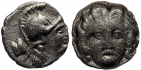 PISIDIA. Selge.( Silver. 0.79 g. 11 mm) Circa 350-300 BC. Obol 
Facing gorgoneion with protruding tongue. 
Rev. Head of Athena to right, wearing crest...