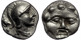 PISIDIA. Selge.( Silver. 0.94 g. 10 mm) Circa 350-300 BC. Obol 
Facing gorgoneion with protruding tongue. 
Rev. Head of Athena to right, wearing crest...