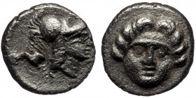 PISIDIA. Selge.( Silver.0.98 g. 10 mm) Circa 350-300 BC. Obol 
Facing gorgoneion with protruding tongue. 
Rev. Head of Athena to right, wearing creste...