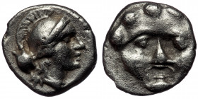 PISIDIA. Selge.( Silver. 0.94 g. 11 mm) Circa 350-300 BC. Obol 
Facing gorgoneion with protruding tongue. 
Rev. Head of Athena to right, wearing crest...