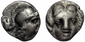 PISIDIA. Selge.( Silver. 0.88 g. 10 mm) Circa 350-300 BC. Obol 
Facing gorgoneion with protruding tongue. 
Rev. Head of Athena to right, wearing crest...
