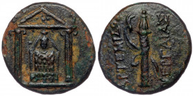 PAMPHYLIA. Perge. ( Bronze. 4.63 g. 18 mm) Ae (3rd century BC).
Cult statue of Artemis Pergaion within distyle temple.
Rev: ΑΡΤΕΜΙΔOΣ / ΠΕΡΓΑΙΑΣ./ Bow...