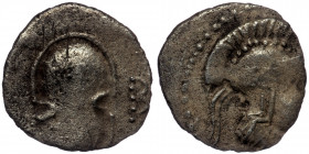 Cilicia, persian Satrap Balakros ( Silver. 0.48 g. 10 mm) 333-323 BC, AR obol, Tarsos Mint
Helmeted head of Athena right
Rev: Boeoetian shield. In lef...