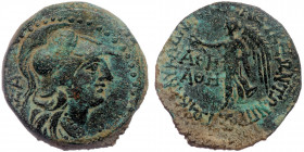 CILICIA (Bronze. 7.99 gr, 23 mm) Seleukeia ad Kalykadnon (Circa 150-50 BC) AE
Helmeted head of Athena right.
Rev: Nike advancing left, holding wreath;...