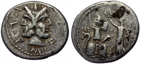 M. Furius L.f. Philus, ( Silver. 3.67 g. 21 mm) 120 BC. Denarius Rome. 
M FOVRI L F/ Laureate head of Janus. 
Rev. Roma standing front, head to left, ...