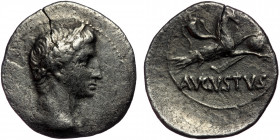 (Silver, 3,41g, 20mm) OCTAVIAN as Augustus (27 BC-AD 14) AR Denarius, Uncertain mint in the East, ca. 27 BC or a little later. 
oBV: Laureate head of ...