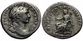 Trajan ( Silver. 3.18 g. 20 mm) (AD 98-117). AR denarius. Rome, ca. AD 108-109
laureate bust of Trajan right, slight drapery on far shoulder
Rev: Roma...