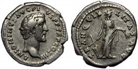 (Silver, 3,44g, 18mm) ANTONINUS PIUS (138-161) AR denarius, Rome, 140-144. 
Obv: ANTONINVS AVG PIVS P P TR P COS III - head bare right 
Rev: TRANQVILL...