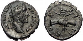 (Silver, 3,40g, 19mm) ANTONINUS PIUS (138-161) AR Denarius, Rome, 145-147 
Obv: ANTONINVS AVG PIVS P P - Laureate head right 
Rev: COS IIII - Clasped ...