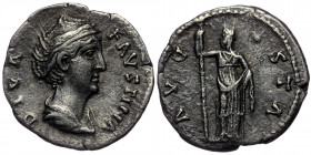 (Silver, 2,90g, 18mm) Diva FAUSTINA I (died 140/1) Denarius (Silver, 18 mm, 3.49 g, 6 h), Rome. DIVA FAVSTINA Diademed and draped bust of Diva Faustin...