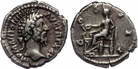 (Silver, 3,01g) MARCUS AURELIUS (161-180) Rome, 170-171. 
Obv: IMP M ANTONINVS AVG TR P XXV - laureate head right 
Rev: COS III - Salus seated left on...