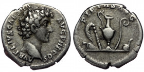 (Silver, 2,95g, 18mm) MARCUS AURELIUS (Caesar, 139–161) AR Denarius, Rome, 140-144, 
Obv: AVRELIVS CAESAR AVG PII F COS - Bare head right 
Rev: PIETAS...