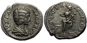 (Silver, 3,47g, 19mm) JULIA DOMNA (193-211) AR Denarius. Rome.
Obv: IVLIA AVGVSTA - Draped bust right
Rev: SAECVLI FELICITAS - Isis standing right, fo...
