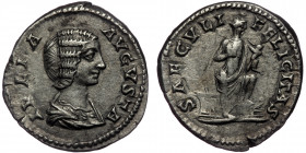 (Silver, 2,73g, 18mm) JULIA DOMNA (193-211) AR Denarius. Rome.
Obv: IVLIA AVGVSTA - Draped bust right
Rev: SAECVLI FELICITAS - Isis standing right, fo...