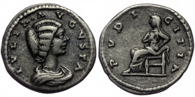(Silver, 3,19g, 19mm) JULIA DOMNA (AD 193-217). AR denarius, Laodicea, 196-202. 
Obv: IVLIA AVGVSTA - Draped bust right 
Rev: PVDICIDIA - Pudicitia en...