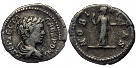 (Siilver, 3,44g, 19mm) GETA (Caesar, 198-209) AR Denarius, Rome, 200-202. 
Obv: P SEPT GETA CAES PONT - Bare-headed and draped bust of Geta to right, ...
