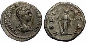 (Siilver, 3,19g, 19mm) GETA (Caesar, 198-209) AR Denarius, Rome, 200-202. 
Obv: P SEPT GETA CAES PONT - Bare-headed and draped bust of Geta to right, ...