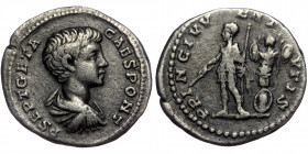 (Siilver, 3,00g, 19mm) GETA (Caesar, 198-209) AR Denarius. Rome.
Obv: P SEPT GETA CAES PONT - Draped and cuirassed bust right; seen from front(!).
Rev...