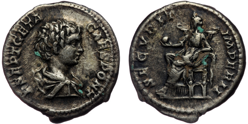 (Silver, 3,42g, 19mm) GETA (Caesar, 198-209) AR Denarius, Rome, 200-202. 
Obv: P...