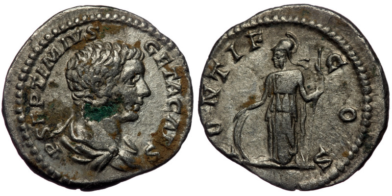 (Silver, 2,84g, 19mm) GETA (Caesar, 198-209) AR Denarius, Rome, 205-208. 
Obv: P...