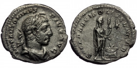 (Silver, 2,62g, 20mm) ELAGABAL (218-222) AR Denarius. Rome, 218-222. 
Obv: IMP ANTONINVS PIVS AVG - laureate, horned and draped bust right 
Rev: SACER...