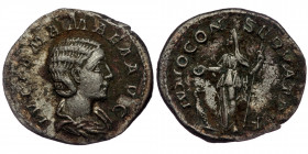 (Silver, 2,36g, 20mm) JULIA MAMAEA (mother of S. Alexander) AR Denarius. Rome, AD 222-235. 
Obv: IVLIA MAMAEA AVG - draped bust right 
Rev: IVNO CONSE...