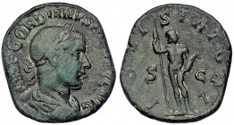 Gordian III. ( Bronze. 13.53 gr. 27 mm) Sestertius. 241-243 AD. Rome AE
laureate, draped and cuirassed bust right.
Rev: Jupiter, naked, standing front...