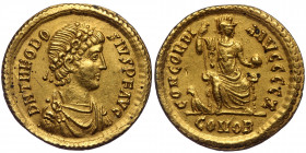 (Gold, 4,40g, 21mm,)Theodosius (379-395) AV Solidus Constantinople, 383
Obv: D N THEODOSIVS P F AVG - Diademed, draped and cuirassed bust of Theodosiu...