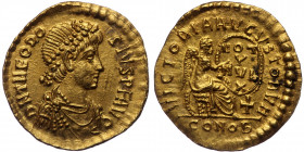 (Gold, 1.65g, 16mm)THEODOSIUS I (379-395) 1 1/2 AV Scripulum, Constantinopolis 383-387 
Obv: D N THEODO-SIVS P F AVG - pearl-diademed, draped and cuir...